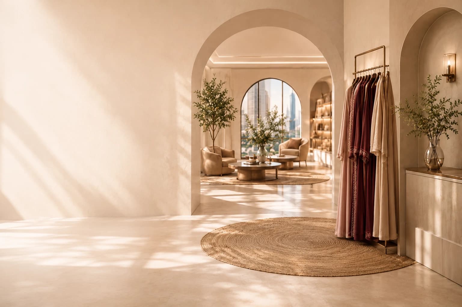 Warm boutique interior with modest fashion garments