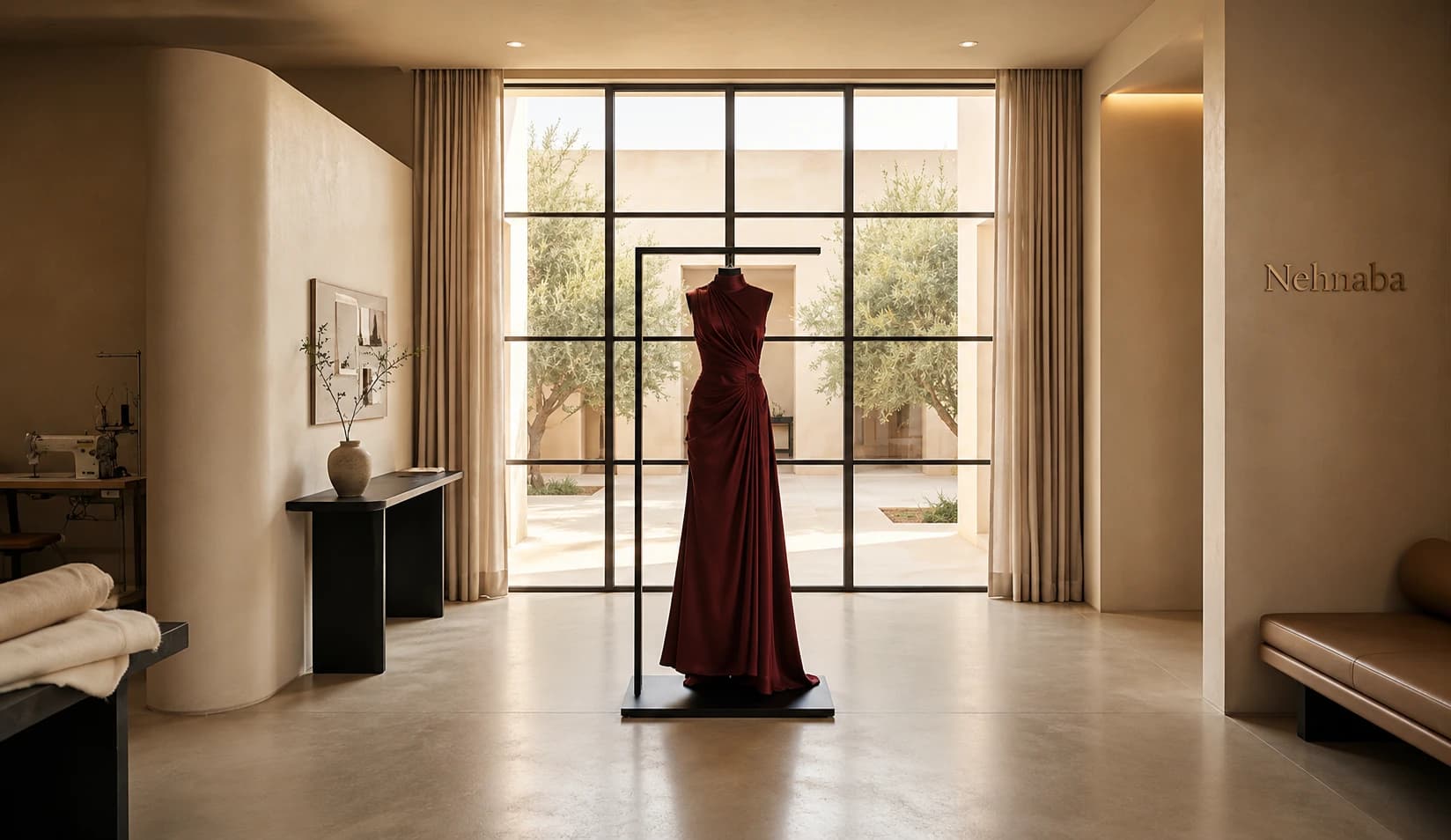 Mehaaba atelier interior with a burgundy dress